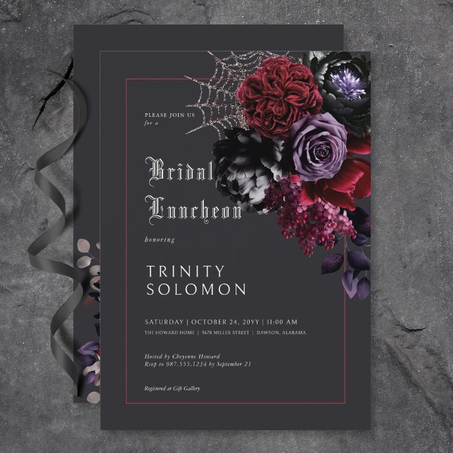 Dark Black Floral & Silver Web Bridal Luncheon Invitation (Dark Black Floral & Silver Web Bridal Luncheon Invitation)