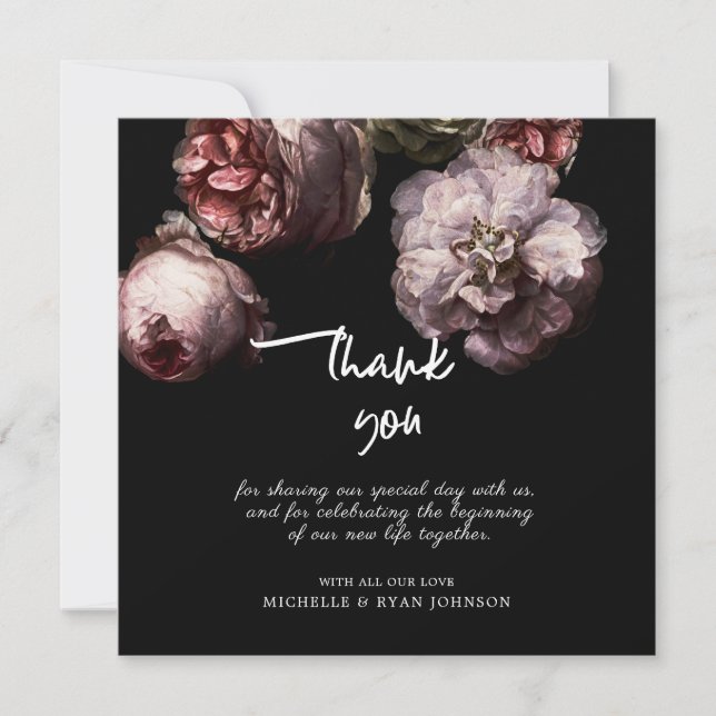 Dark Black Floral Wedding Thank You Card (Front)