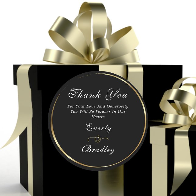 Dark Black Gold Elegant White Script Thank You  Classic Round Sticker (Creator Uploaded)
