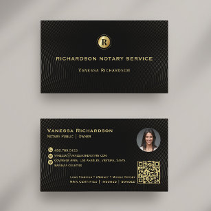 Dark Black & Gold Monogram Sleek Notary QR Photo  Business Card
