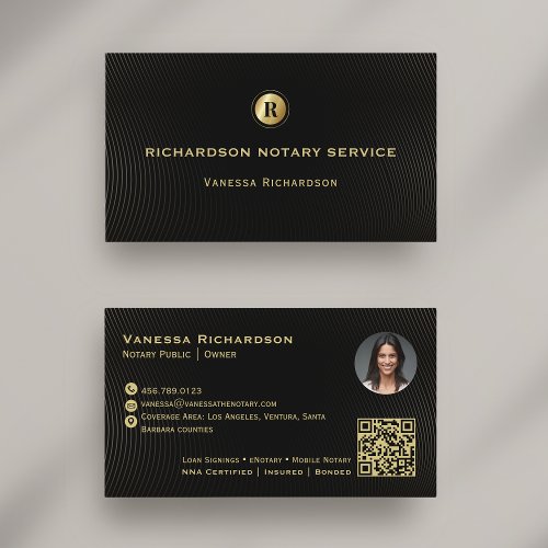 Dark Black  Gold Monogram Sleek Notary QR Photo  Business Card