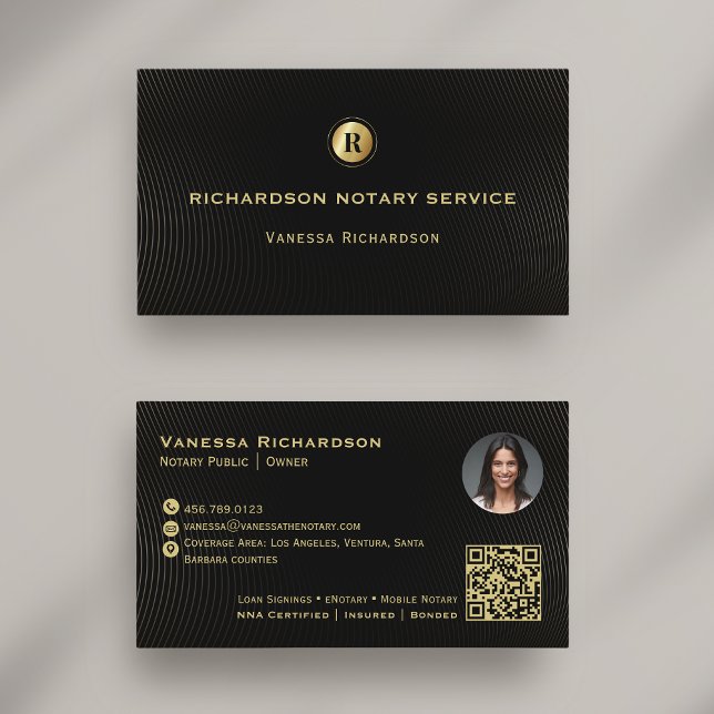 Dark Black & Gold Monogram Sleek Notary QR Photo  Business Card (Creator Uploaded)