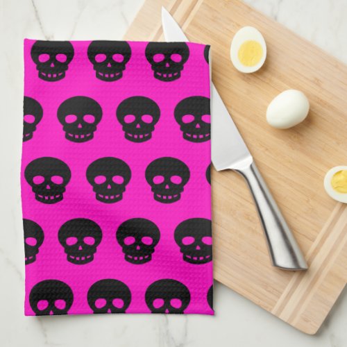 Dark Black Hot Pink Goth Skulls  Kitchen Towel