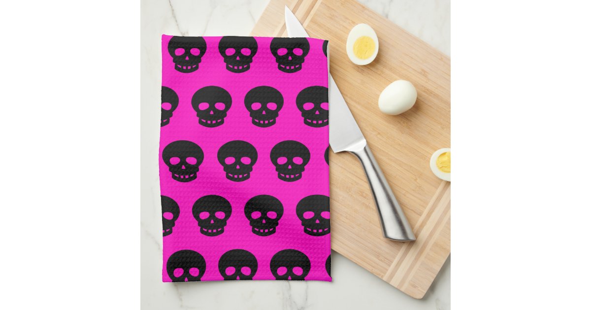 Dark Black Hot Pink Goth Skulls Kitchen Towel, Zazzle
