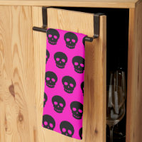 Dark Black Hot Pink Goth Skulls Kitchen Towel, Zazzle