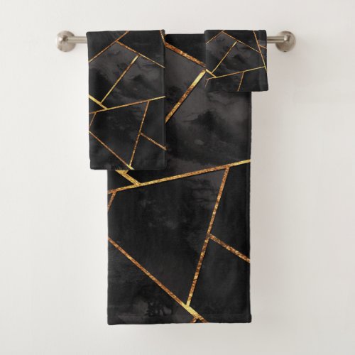 Dark Black Ink Gold Copper Geometric Glam 1 geo  Bath Towel Set
