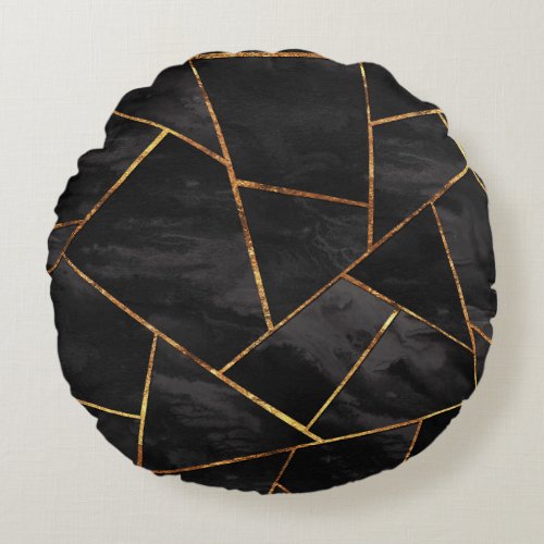 Dark Black Ink Gold Copper Geometric Glam 1 geo  Round Pillow