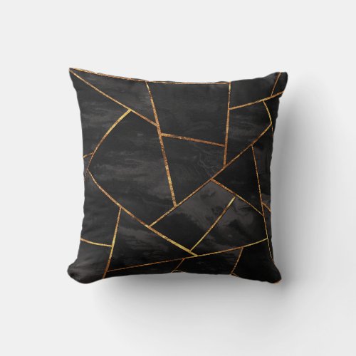Dark Black Ink Gold Copper Geometric Glam 1 geo  Throw Pillow