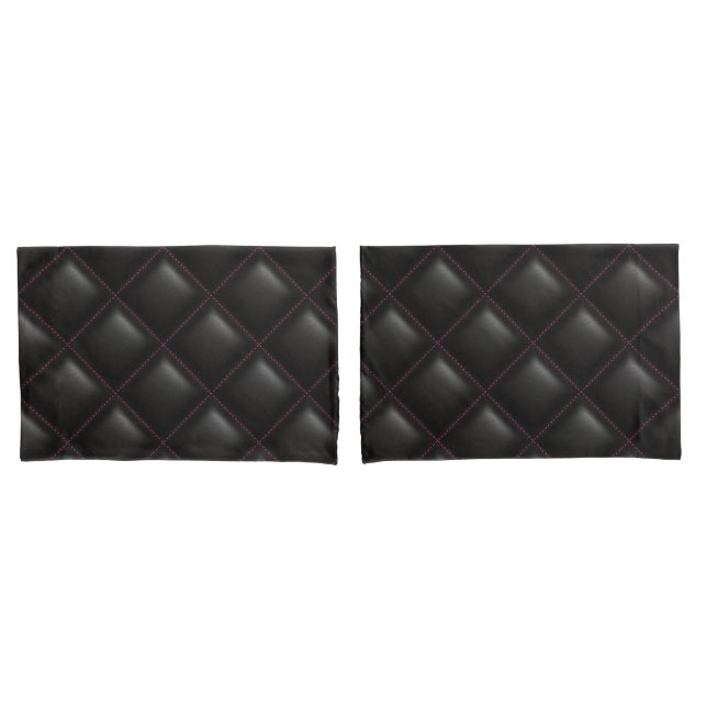 Dark Black Leather Quilted Geometric Pattern Pillow Case (Front-Set)