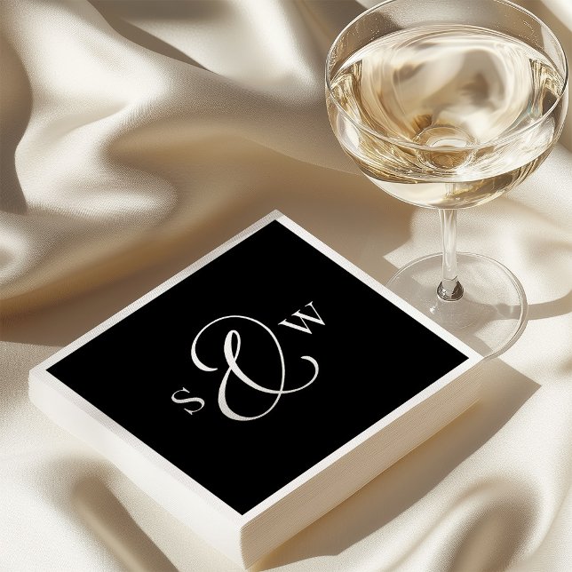 Dark Black Monogram Ampersand | Luxe Wedding Napkins (Creator Uploaded)
