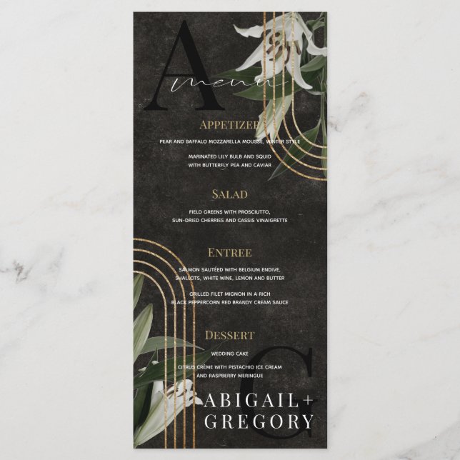 Dark Black Moody Green Botanical Wedding Menu (Front)