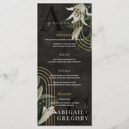 Dark Black Moody Green Botanical Wedding Menu