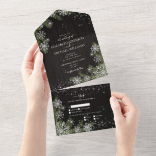 Dark Black Moody Rustic Silver Winter Greenery All In One Invitation