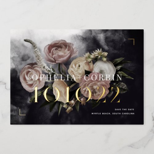 Dark Black Rose Bouquet Wedding Save the Date Foil Invitation