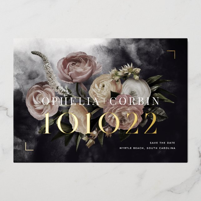 Dark Black Rose Bouquet Wedding Save the Date Foil Invitation (Front)