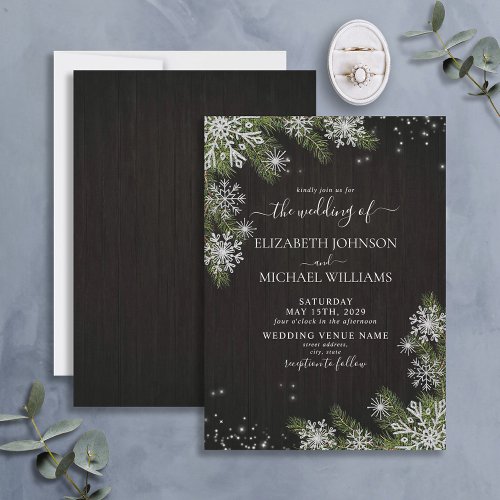 Dark Black Rustic Silver Winter Greenery Wedding Invitation
