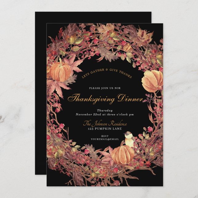 Dark Black Rustic Wreath Thanksgiving Dinner Invitation (Front/Back)