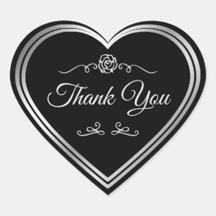 Dark Black Silver Frame and Vintage Rose Thank You Heart Sticker