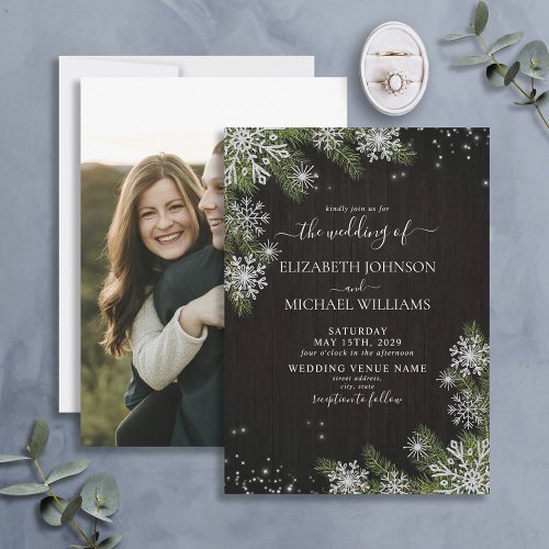 Dark Black Silver Winter Greenery Photo Wedding Invitation