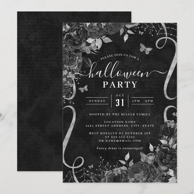 Dark Black Spooky Floral Scroll Halloween Party  Invitation (Front/Back)