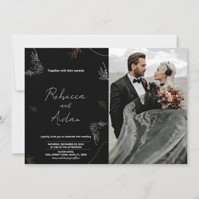 Dark Black Wedding Invitations with photo (Front)
