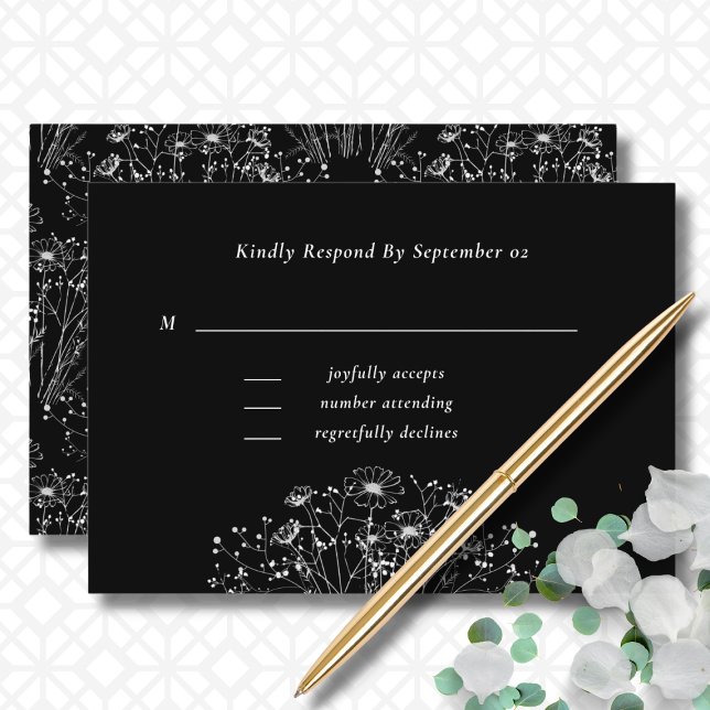 Dark Black White Floral Minimal Wedding RSVP (Creator Uploaded)