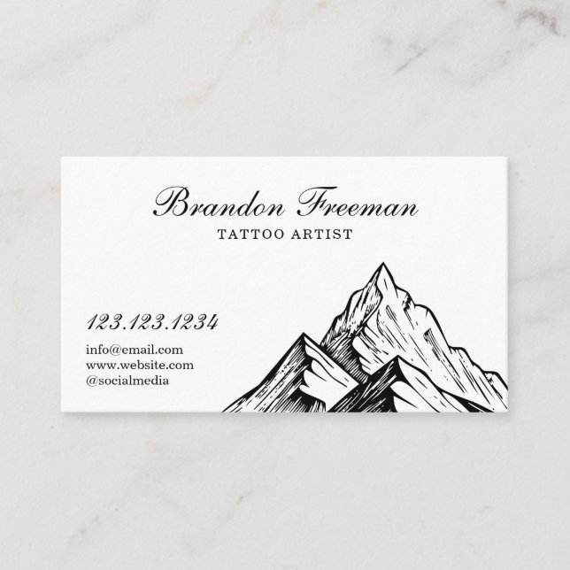 Dark Black & White Mountain Tattoo Studio Business Card (Front)