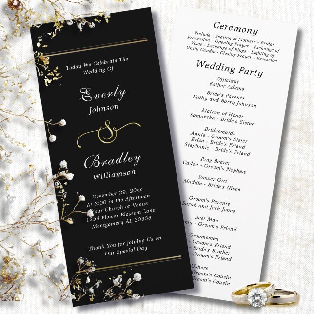 Dark Black White Script Elegant Minimal Wedding  Program (Creator Uploaded)