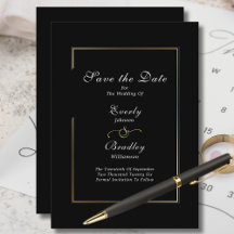 Dark Black White Script Gold Border Save the Date
