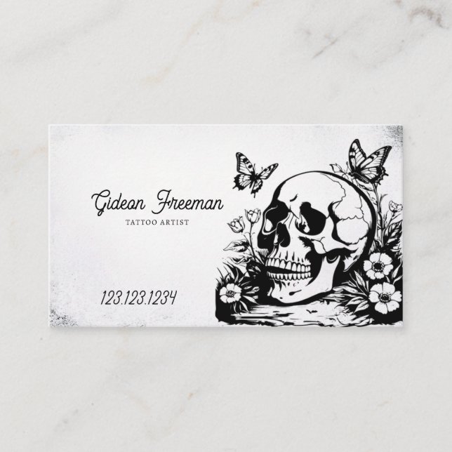 Dark Black & White Skull Butterflies Tattoo Artist Business Card (Front)