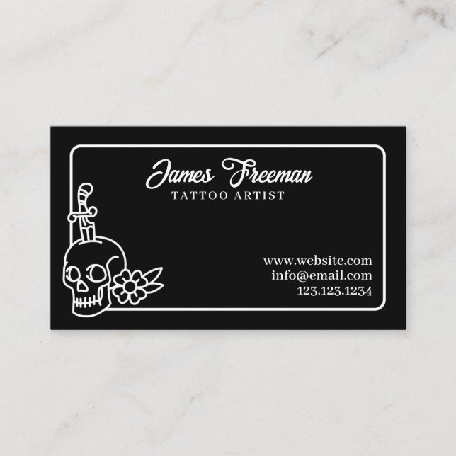 Dark Black & White Skull Knife Tattoo Artist Business Card (Front)