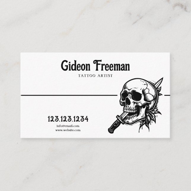 Dark Black & White Skull Knife Tattoo Artist Business Card (Front)