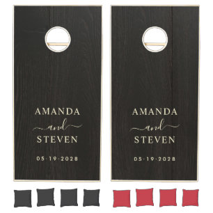Dark Black Wood Couple Names with Date Cornhole Set