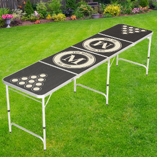 Dark Black Wood Family Monogram & Name Beer Pong Table
