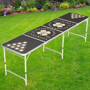 Dark Black Wood Irish Lucky Clover Wedding Crest Beer Pong Table