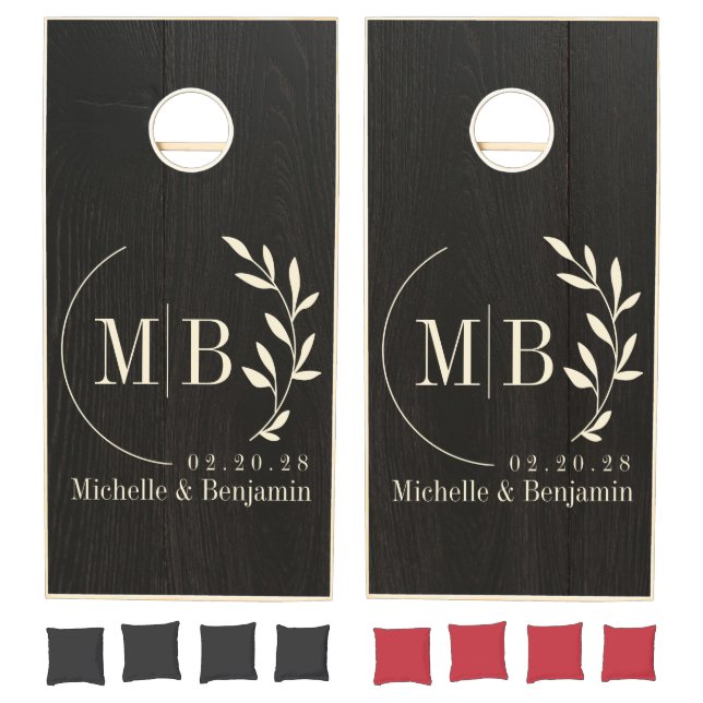 Dark Black Wood Leaf Wedding Monogram Cornhole Set (Set)