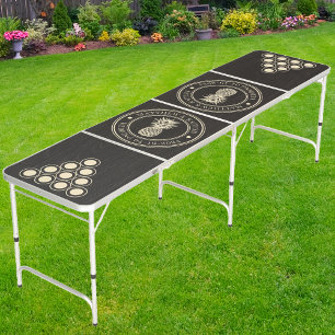 Dark Black Wood Pineapple Wedding Crest & Names Beer Pong Table