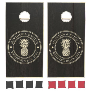 Dark Black Wood Pineapple Wedding Names Cornhole Set