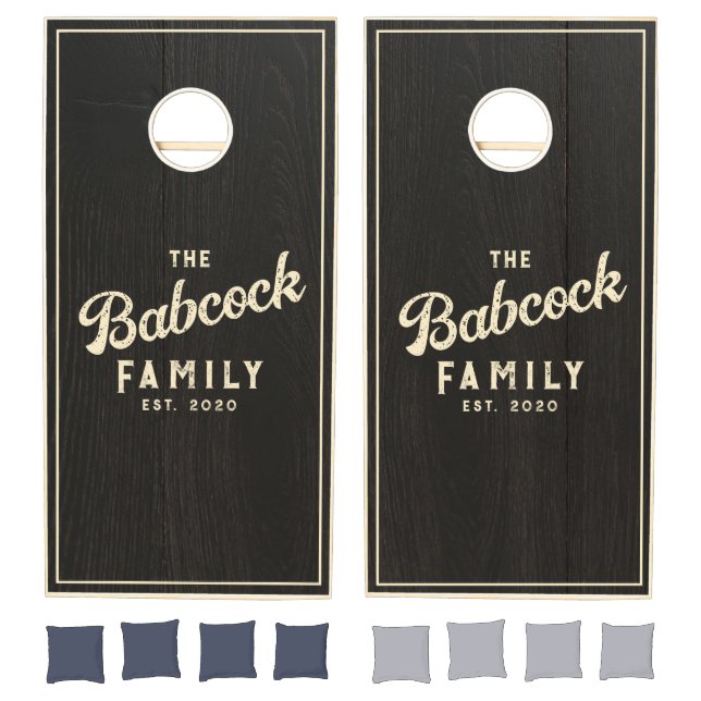 Dark Black Wood Retro Family Name & Year Cornhole Set (Set)