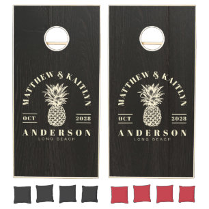 Dark Black Wood Tropical Pineapple Wedding Cornhole Set