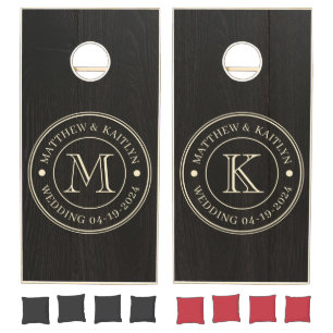 Dark Black Wood Wedding Monogram Cornhole Set