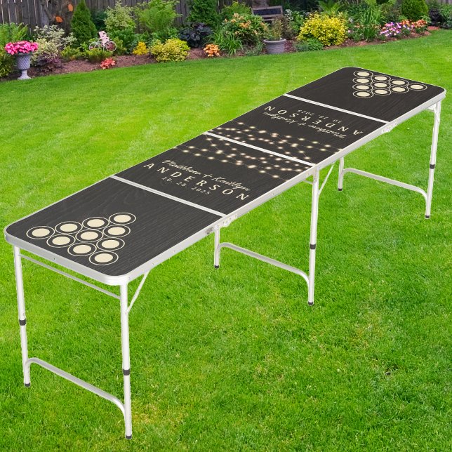 Dark Black Wood Wedding String Lights & Name Beer Pong Table (Creator Uploaded)