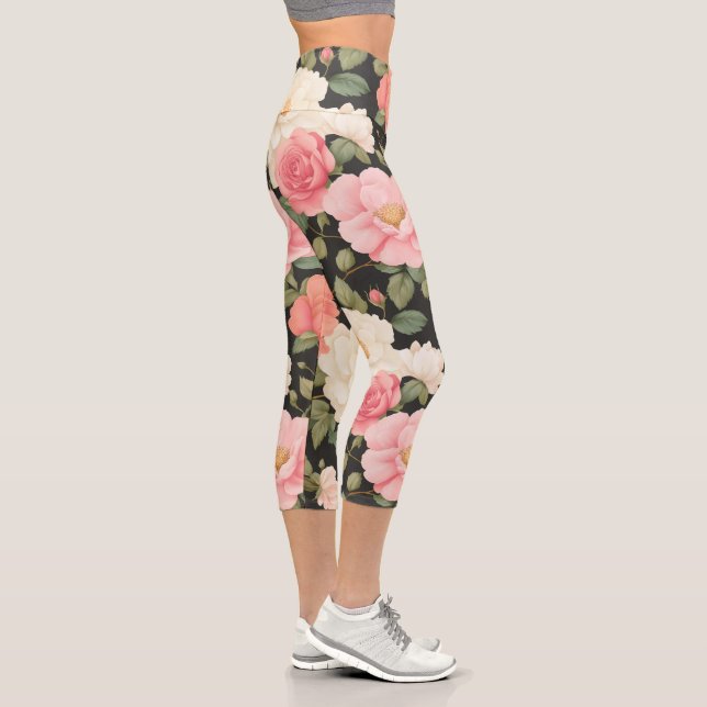 Dark Bloom Serenit Bloom Pink Roses Romantic Capri Leggings (Right)