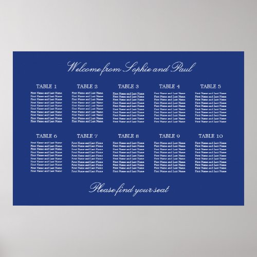 Dark Blue 10 Table Wedding Seating Chart Poster