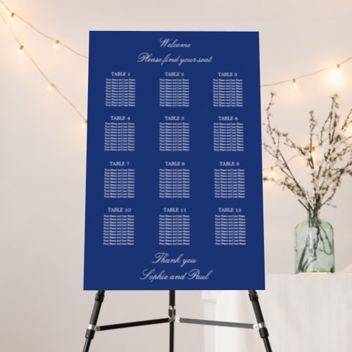 Dark Blue 12 Table Wedding Seating Chart Foam Board