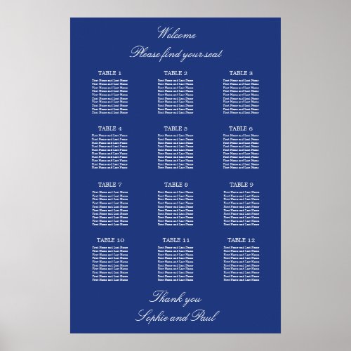 Dark Blue 12 Table Wedding Seating Chart Poster
