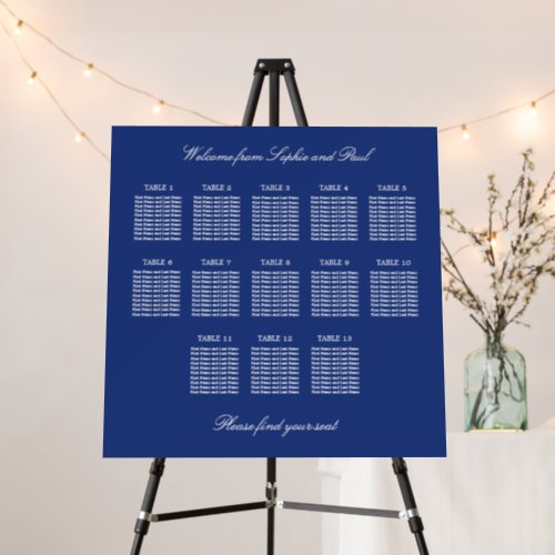 Dark Blue 13 Table Wedding Seating Chart Foam Board
