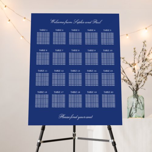 Dark Blue 20 Table Wedding Seating Chart Foam Board