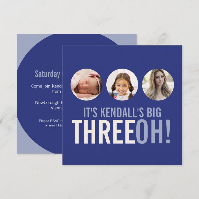 Dark blue 30th THREEOH! photo birthday Invitation (Front/Back)