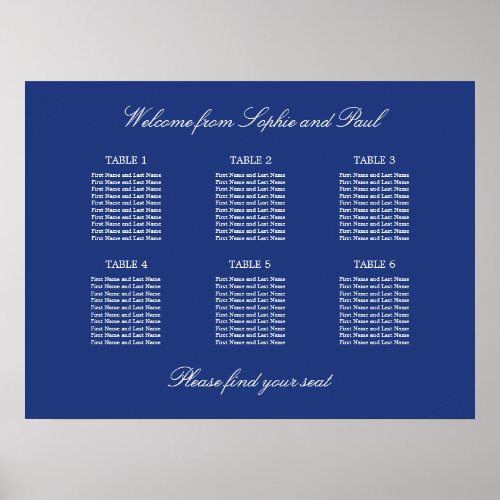 Dark Blue 6 Table Wedding Seating Chart Poster